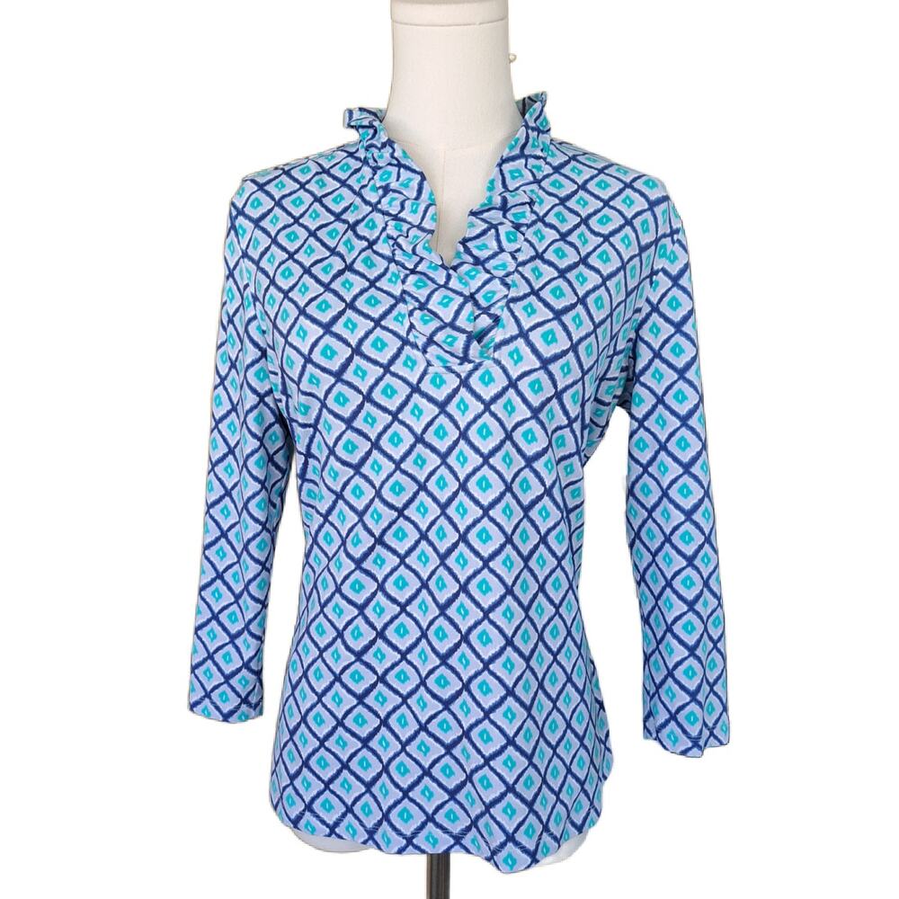 J MCLAUGHLIN Durham Catalina Cloth Top Blue Aqua Large Ruffle Neck 3/4 Sleeve